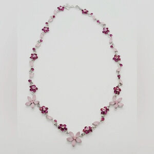 Rhodium plating silver pink flower necklace